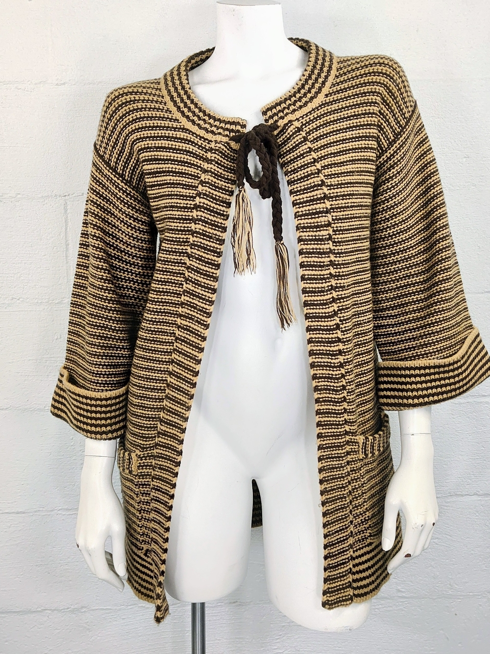 Albee Vintage Striped Brown & Cream Knit Tie-Front Sweater Jacket